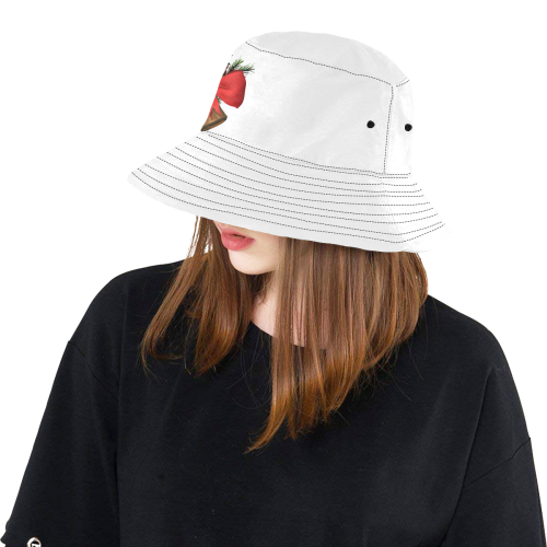 golden xmas bells with red ribbon on white background All Over Print Bucket Hat