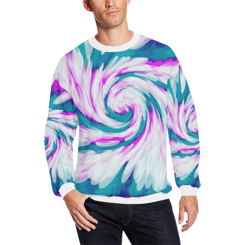 Turquoise Pink Tie Dye Swirl Abstract Men's Oversized Fleece Crew Sweatshirt/Large Size(Model H18)