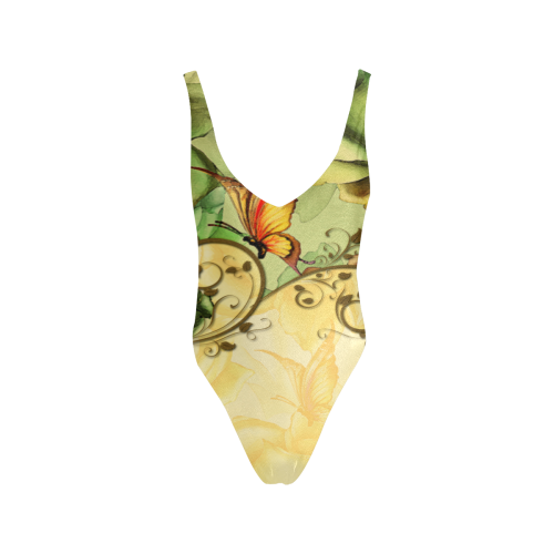 Colorful flowers with butterflies Sexy Low Back One-Piece Swimsuit (Model S09)