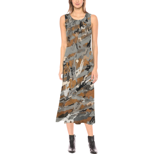 Gray, Black and Caramel Abstract Phaedra Sleeveless Open Fork Long Dress (Model D08)