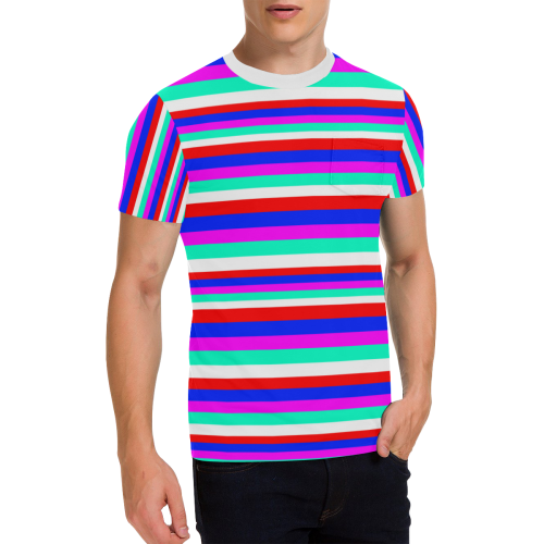 Colored Stripes - Fire Red Royal Blue Pink Mint Wh Men's All Over Print T-Shirt with Chest Pocket (Model T56)