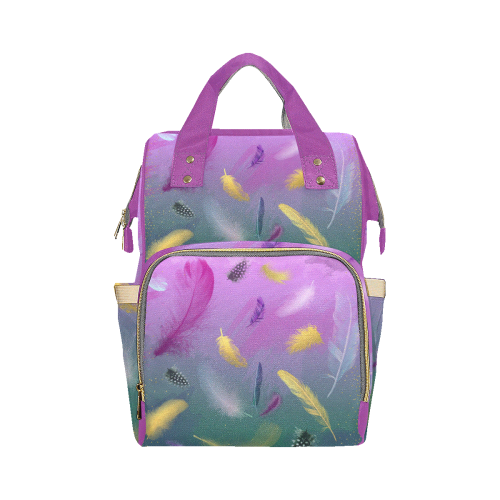 Dancing Feathers - Pink and Green Multi-Function Diaper Backpack/Diaper Bag (Model 1688)