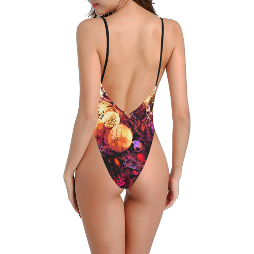 pom pom flowers 1c Sexy Low Back One-Piece Swimsuit (Model S09)