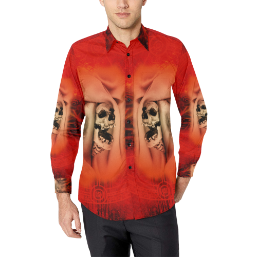 Creepy skulls on red background Men's All Over Print Casual Dress Shirt (Model T61)