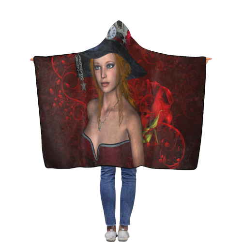 Beautiful steampunk lady, awesome hat Flannel Hooded Blanket 40''x50''