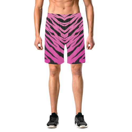 Pink Tiger Stripe Shorts Men's All Over Print Elastic Beach Shorts (Model L20)