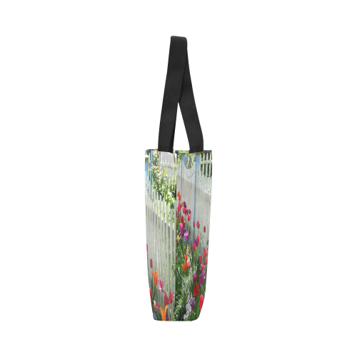 Tulips Garden Along White Picket Fence Floral Photography tote bag Canvas Tote Bag (Model 1657)