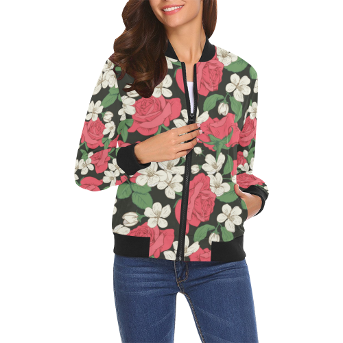 Pink, White and Black Floral All Over Print Bomber Jacket for Women (Model H19)