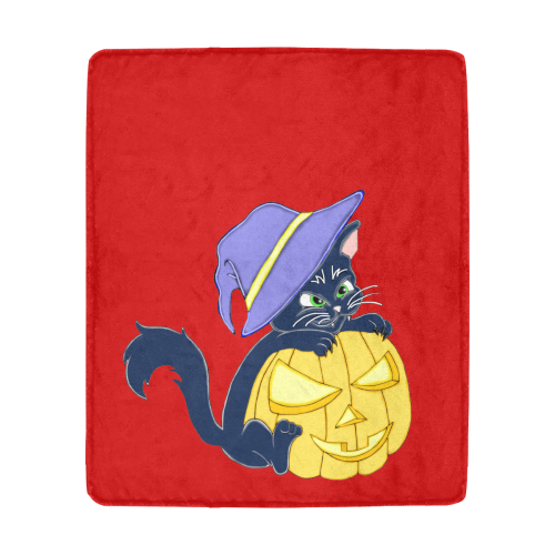 Cute Halloween Black Cat Witches Hat Red Ultra-Soft Micro Fleece Blanket 50"x60"