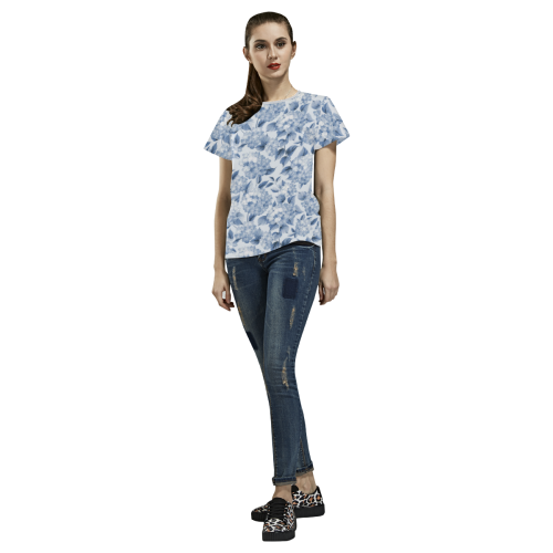 Blue and White Floral Pattern All Over Print T-shirt for Women/Large Size (USA Size) (Model T40)