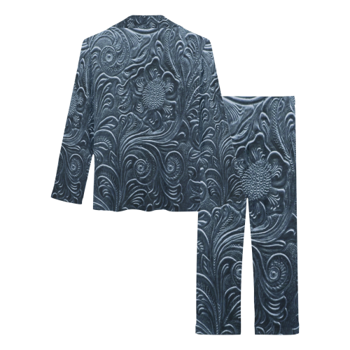Embossed Blue Flowers Women's Long Pajama Set