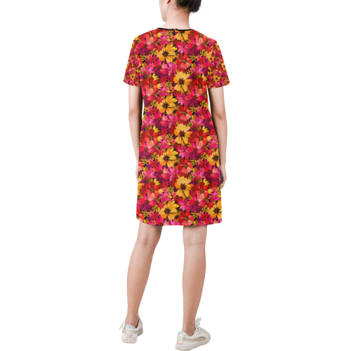 Flower Pattern Short-Sleeve Round Neck A-Line Dress (Model D47)