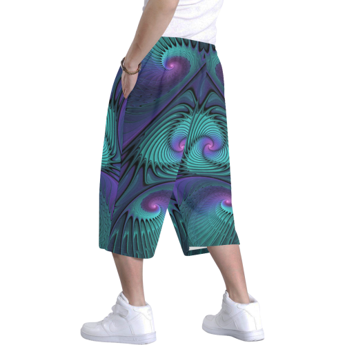 Purple Meets Turquoise Modern Abstract Fractal Art Men's All Over Print Baggy Shorts (Model L37)