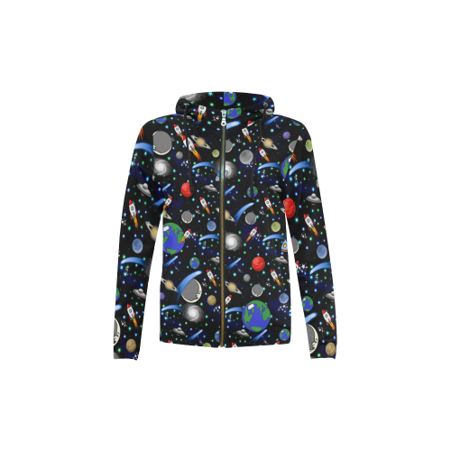 Galaxy Universe - Planets, Stars, Comets, Rockets All Over Print Full Zip Hoodie for Kid (Model H14)
