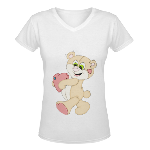 Patchwork Heart Teddy White Women's Deep V-neck T-shirt (Model T19)