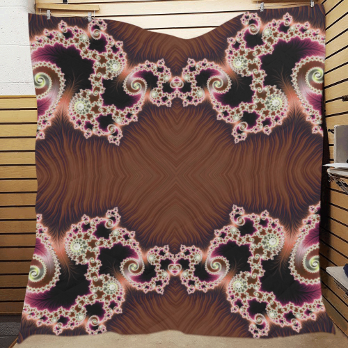Copper and Pink Hearts Lace Fractal Abstract Quilt 70"x80"