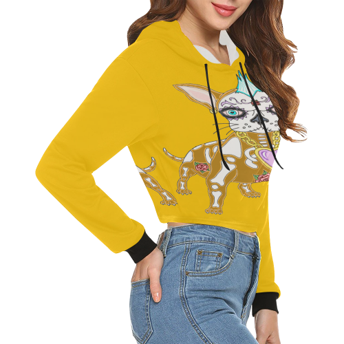 Punk Rock Sugar Skull Dog Yellow All Over Print Crop Hoodie for Women (Model H22)