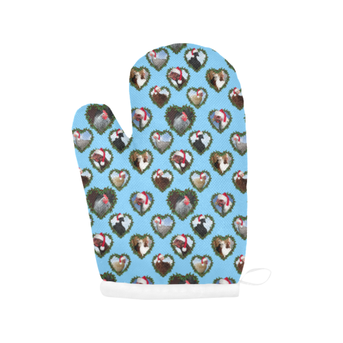 Christmas Chickens in Heart Wreaths on Blue Oven Mitt (Two Pieces)