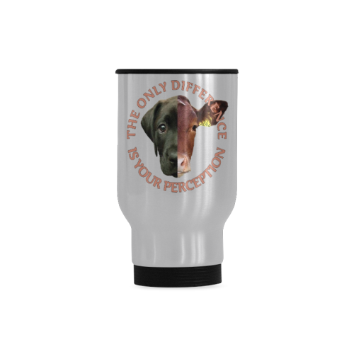 Vegan Cow and Dog Design with Slogan Travel Mug (Silver) (14 Oz)