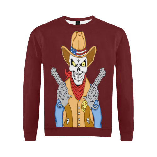 Sheriff Cowboy Sugar Skull Burgundy All Over Print Crewneck Sweatshirt for Men (Model H18)