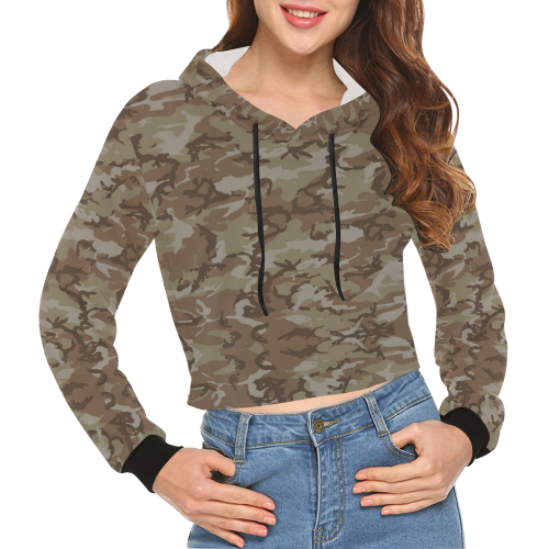 Woodland Desert Brown Camouflage All Over Print Crop Hoodie for Women (Model H22)