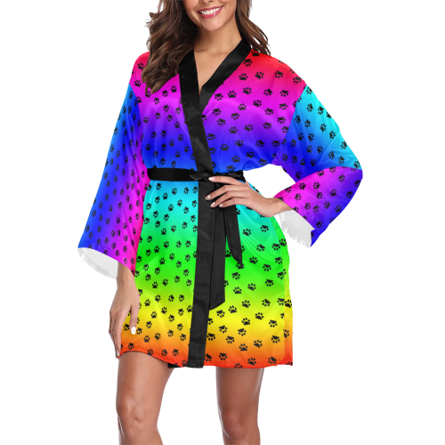 rainbow with black paws Long Sleeve Kimono Robe