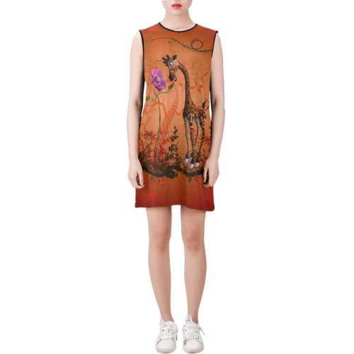 Funny giraffe speak with a flower Sleeveless Round Neck Shift Dress (Model D51)