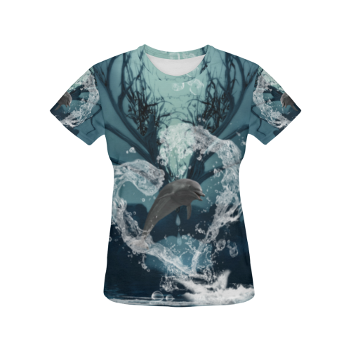 Dolphin jumping by a heart All Over Print T-Shirt for Women (USA Size) (Model T40)