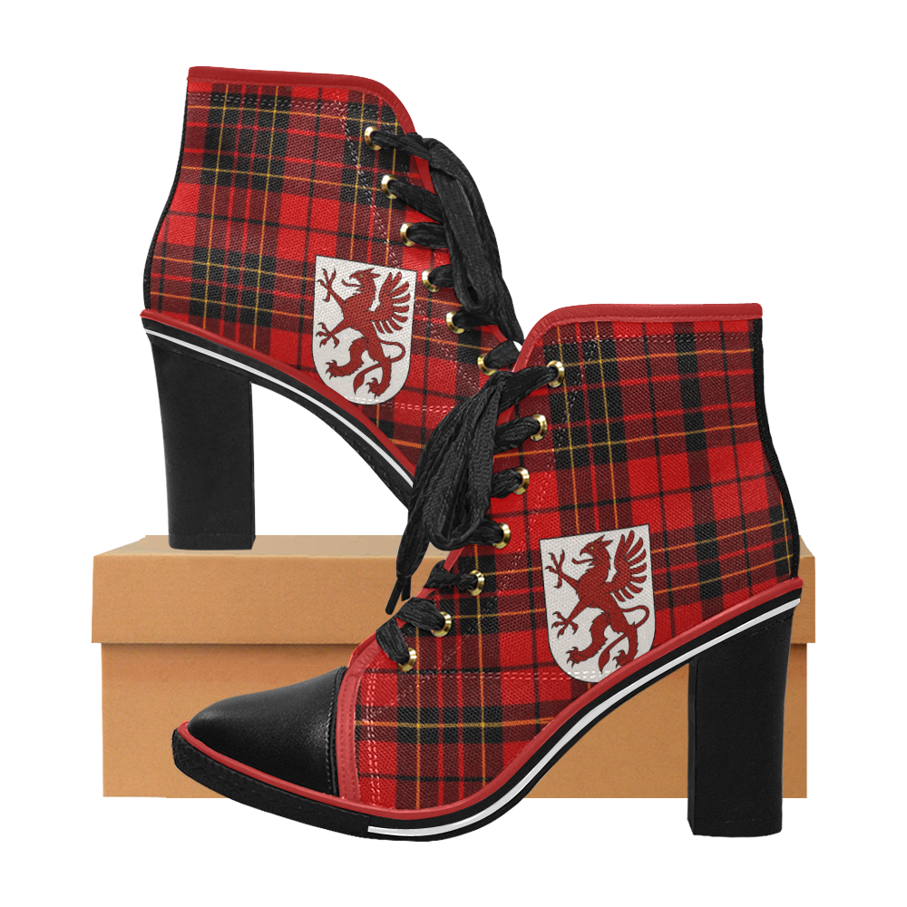 red plaid heel boots
