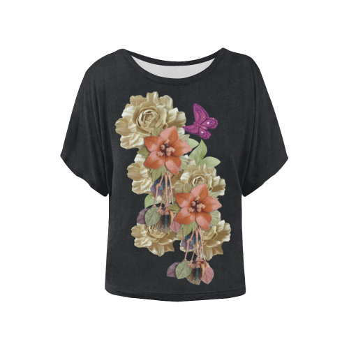 leather floweron black suede Women's Batwing-Sleeved Blouse T shirt (Model T44)