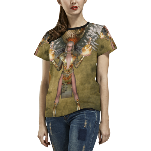 Steampunk lady with clocks and gears All Over Print T-shirt for Women/Large Size (USA Size) (Model T40)