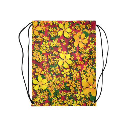 Pretty Orange & Yellow Flowers on Red Medium Drawstring Bag Model 1604 (Twin Sides) 13.8"(W) * 18.1"(H)