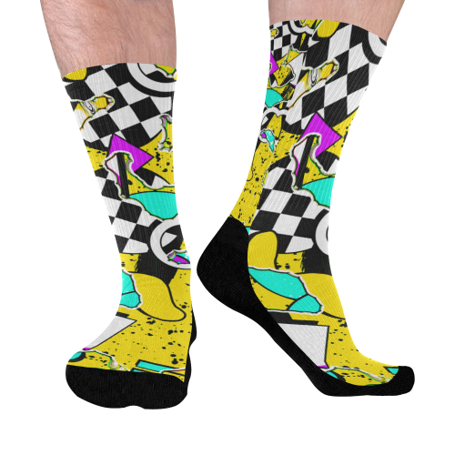Shapes on a yellow background Mid-Calf Socks (Black Sole)