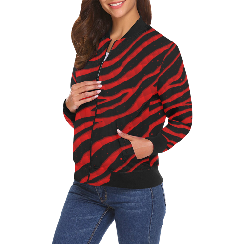 Ripped SpaceTime Stripes - Red All Over Print Bomber Jacket for Women (Model H19)