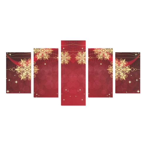 Golden Christmas Snowflake Ornaments on Red Canvas Print Sets C (No Frame)