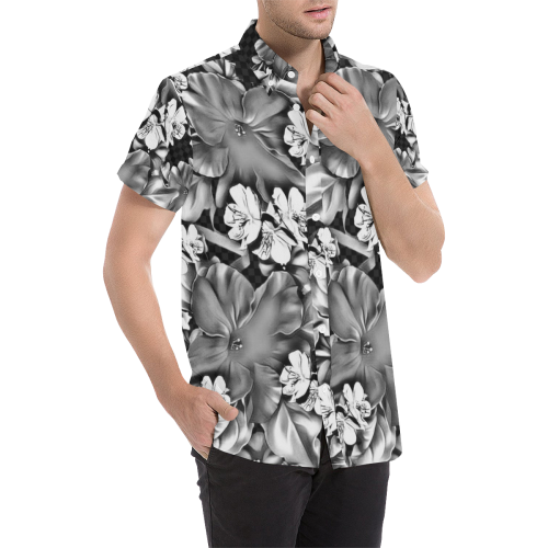 Grey and White Flowers Design By Me by Doris Clay-Kersey Men's All Over Print Short Sleeve Shirt (Model T53)