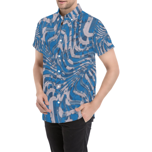 Blue and Grey Psychedelia Print Button Down Men's All Over Print Short Sleeve Shirt (Model T53)
