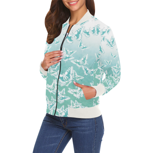 blue butterflies in the sky pattern All Over Print Bomber Jacket for Women (Model H19)