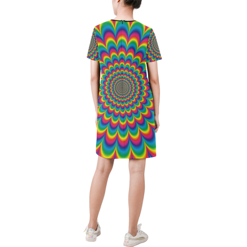 Crazy Psychedelic Flower Power Hippie Mandala Short-Sleeve Round Neck A-Line Dress (Model D47)