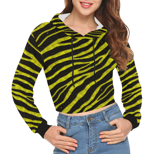 Ripped SpaceTime Stripes - Yellow All Over Print Crop Hoodie for Women (Model H22)