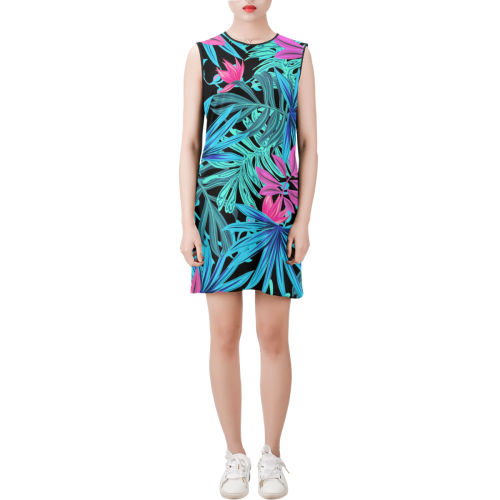 Pretty Leaves 4A by JamColors Sleeveless Round Neck Shift Dress (Model D51)
