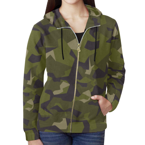 swedish M90 woodland camouflage All Over Print Full Zip Hoodie for Women (Model H14)