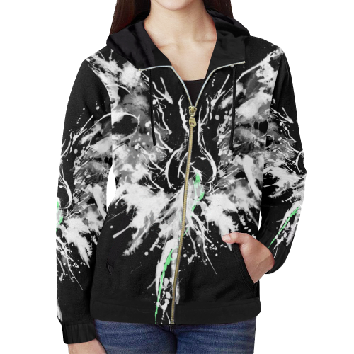 Phoenix - Abstract Painting Bird White 1 All Over Print Full Zip Hoodie for Women (Model H14)