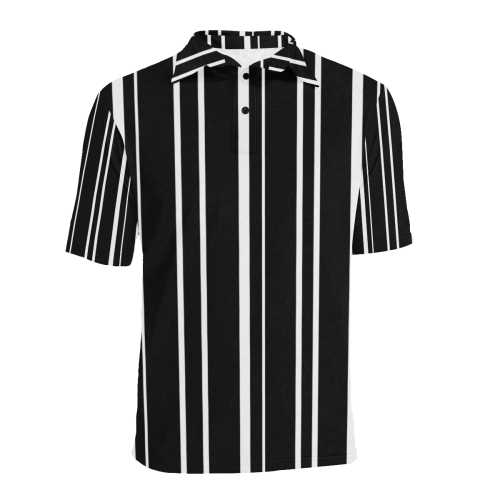 white stripes on black Men's All Over Print Polo Shirt (Model T55)