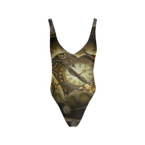 Awesome steampunk heart Sexy Low Back One-Piece Swimsuit (Model S09)