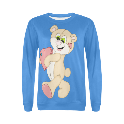 Patchwork Heart Teddy Blue All Over Print Crewneck Sweatshirt for Women (Model H18)