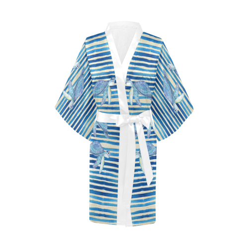 Turtles On Watercolor Stripes Grunge blue Kimono Robe