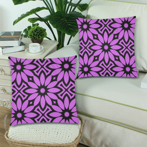 Purple/Black Flowery Pattern Custom Zippered Pillow Cases 18"x 18" (Twin Sides) (Set of 2)