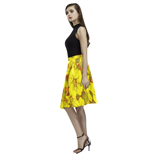 Yellow flower pattern Melete Pleated Midi Skirt (Model D15)