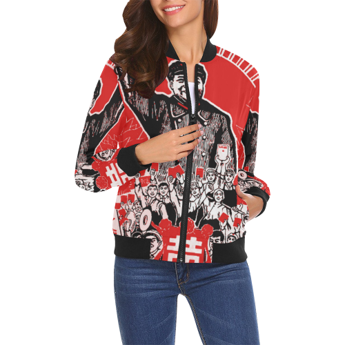 Chairman Mao Zedong Dare to Teach All Over Print Bomber Jacket for Women (Model H19)